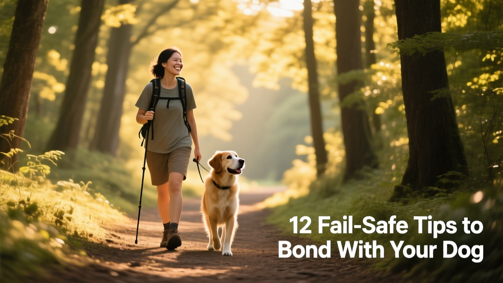 Person and dog hiking side-by-side on a sunlit forest trail, both relaxed and engaged