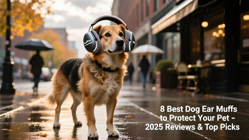 Dog wearing FurPetVo ThunderGuard Max ear muffs during a rainy day, looking relaxed and protected