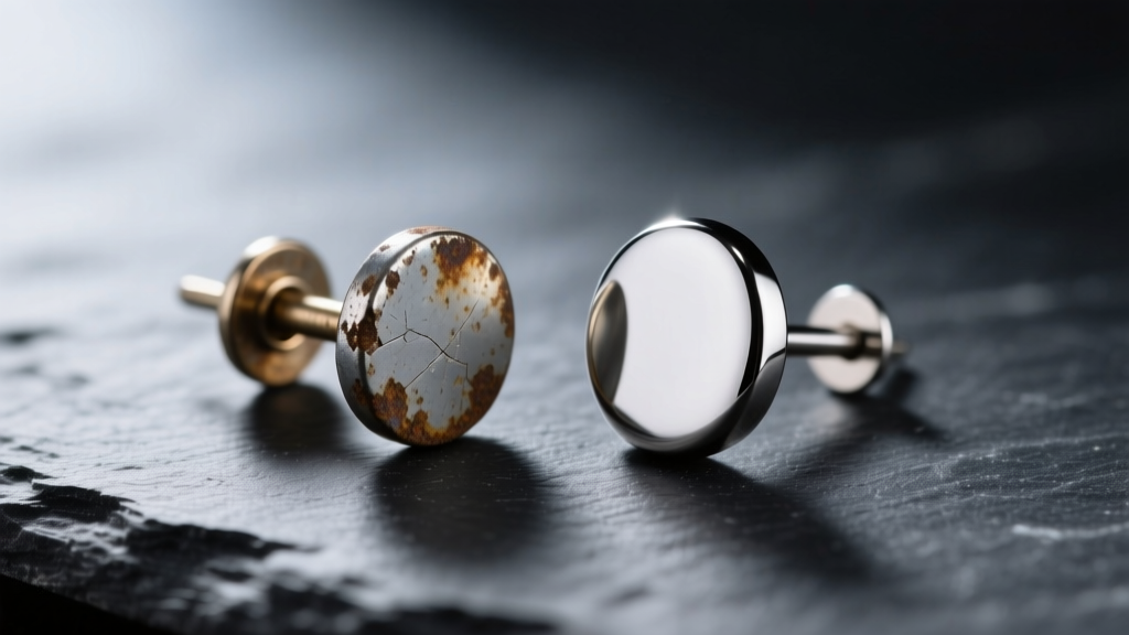 Macro view of a tarnished alloy earring post beside a pristine implant-grade titanium post resting on a dark slate background.