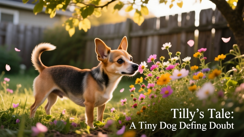 Tilly playfully sniffing flowers in her backyard, tail wagging