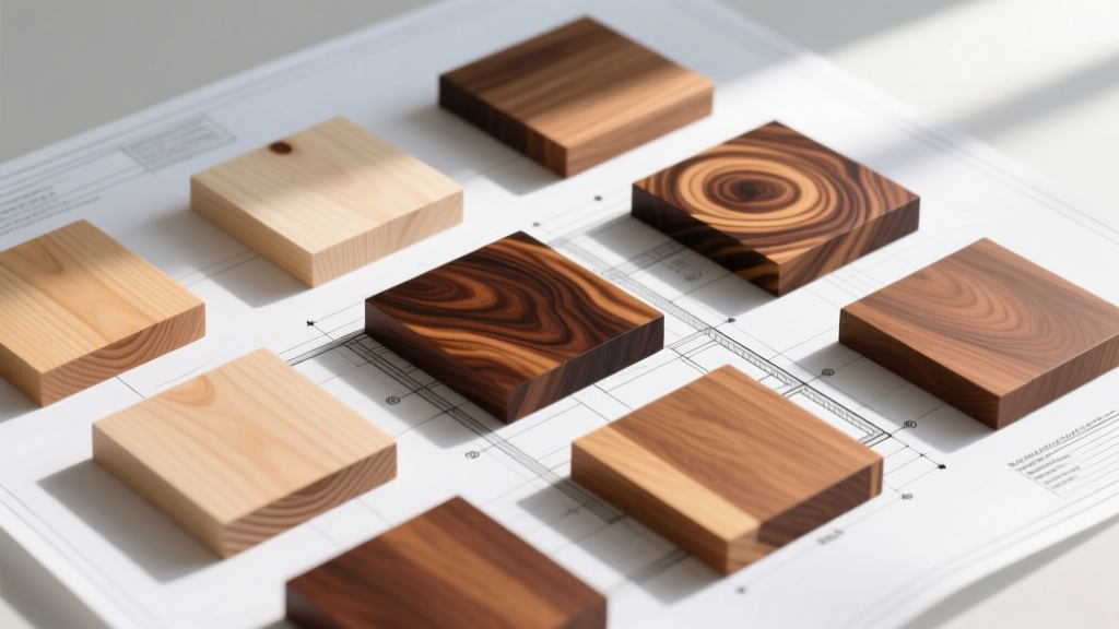 Close-up of varied natural wood species samples from pale maple to dark walnut arranged on a blueprint for interior design selection