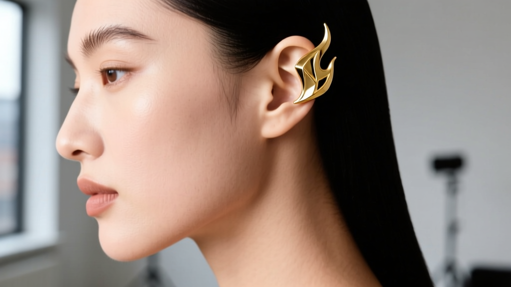 Side profile of a model wearing a gold Calcifer flame ear cuff on the upper helix cartilage, showing a proper tension fit.