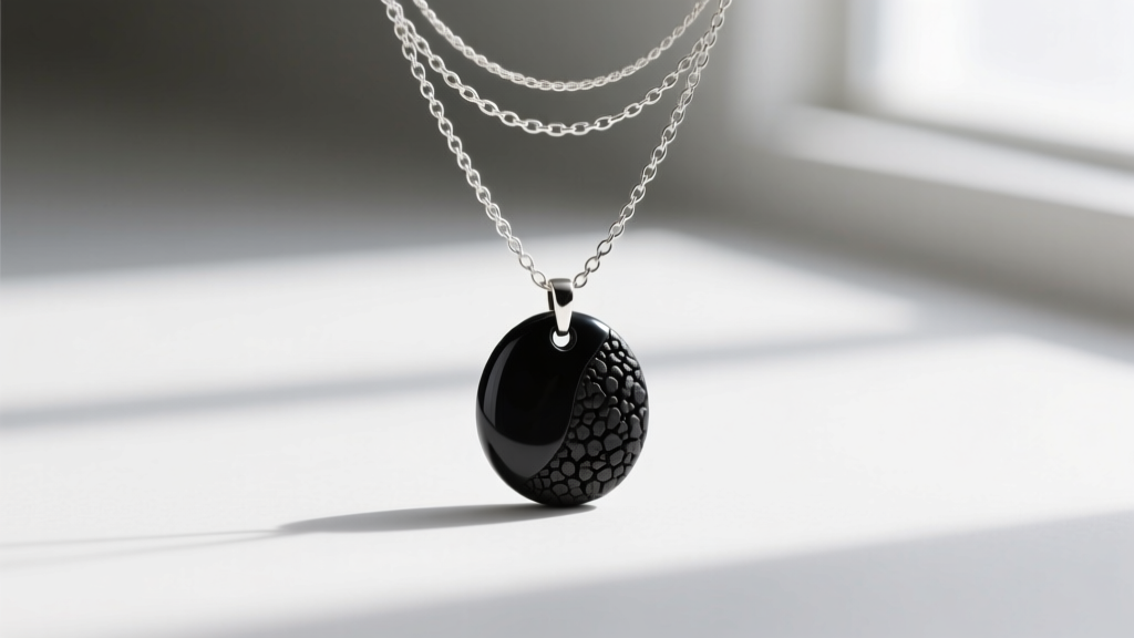 Minimalist layered necklace stack featuring a small 15mm black lava stone cameo pendant paired with a 2mm silver paperclip chain.