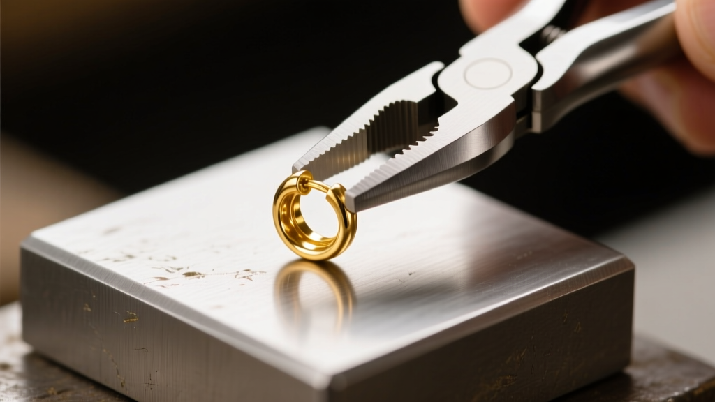Macro shot of a 20-gauge gold earring post being carefully straightened with nylon-jaw jewelry pliers on a steel bench block.