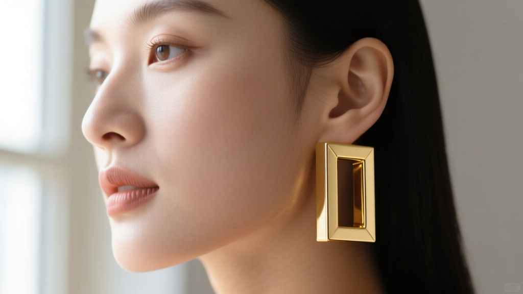 Close-up of a woman wearing 14k gold square tube hoop earrings, showing sharp geometric edges against soft natural window light