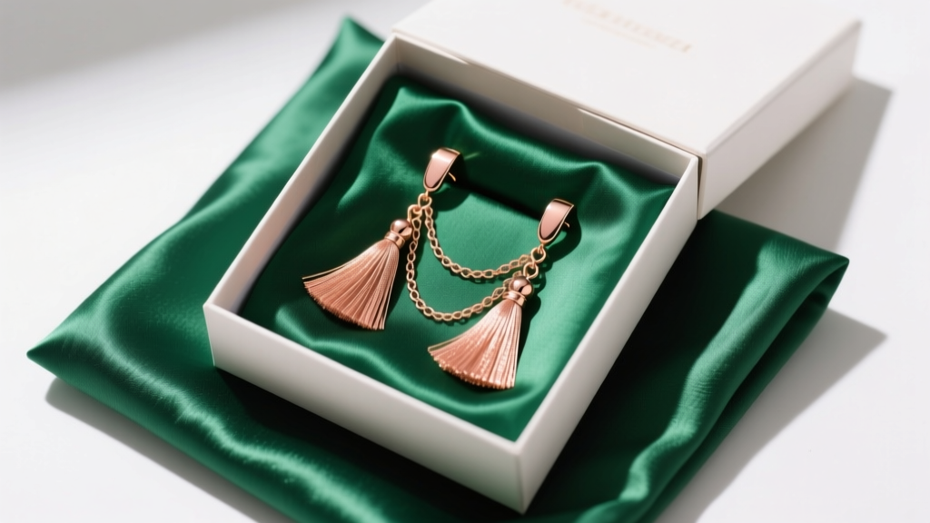 Flat lay gift box containing rose gold tassel statement earrings resting on folded emerald green satin fabric soft daylight