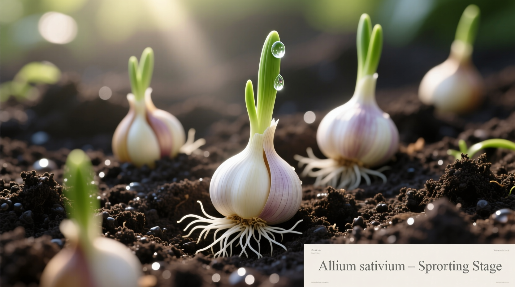 Sprouted garlic cloves ready for planting in garden soil