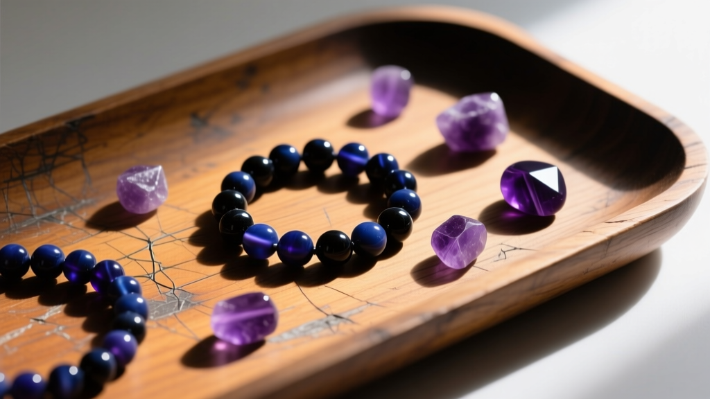 Matte onyx and amethyst beads scattered on a scratched wooden jeweler's work bench under a bright warm desk lamp light setup