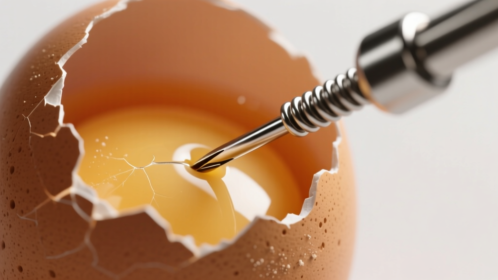 Macro photography of a stainless steel spring-loaded egg piercer needle creating a precise 1mm hole in the wide end of a brown eggshell