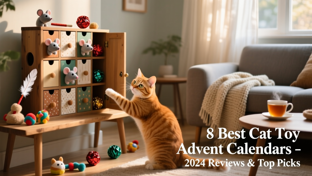 A festive cat toy advent calendar displayed on a cozy living room shelf, with a curious cat batting gently at one open door