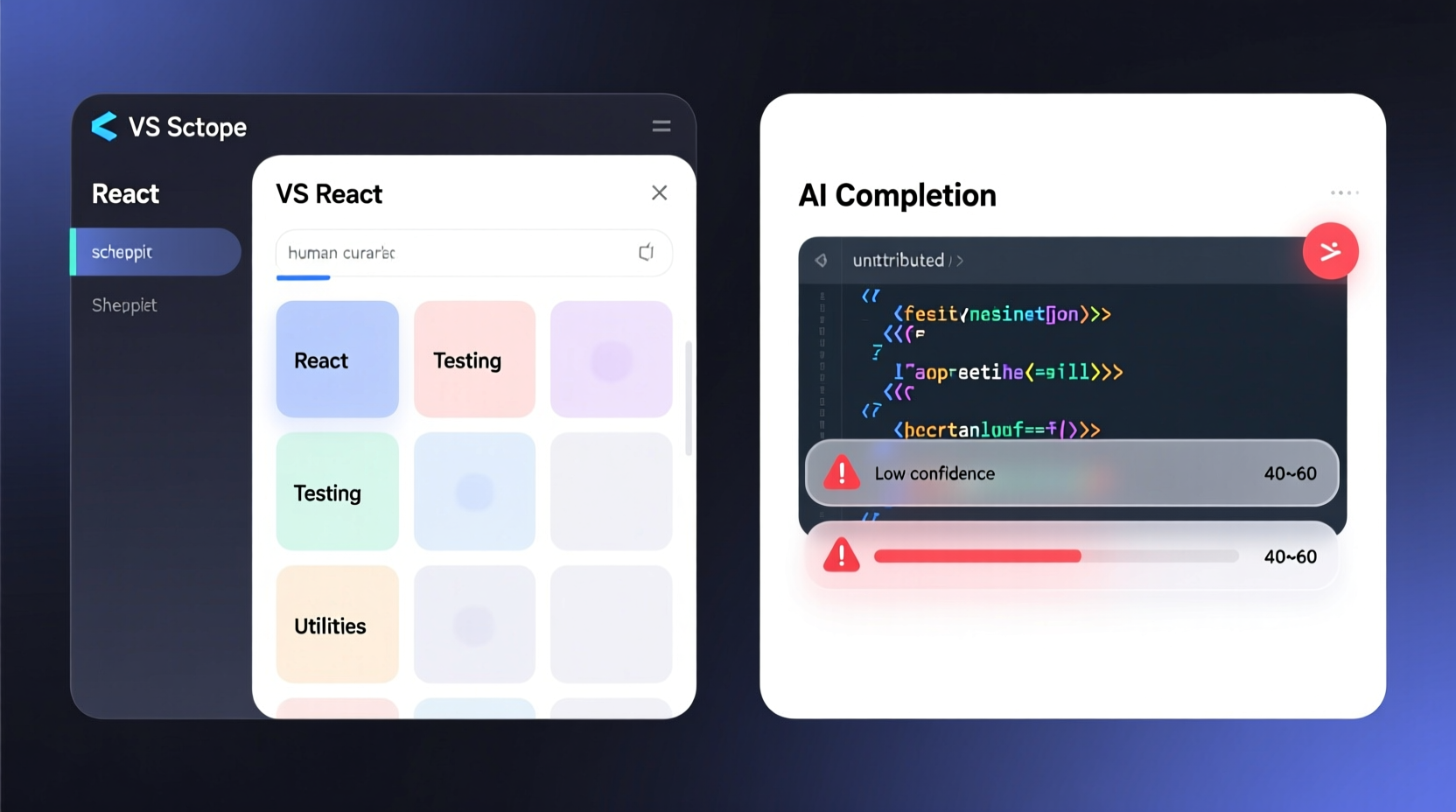 Side-by-side comparison: left panel shows a clean, labeled VS Code snippet menu with categories like 'React', 'Testing', 'Utilities'; right panel displays an AI completion suggestion bar with ambiguous, unattributed code fragments and low-confidence confidence indicators
