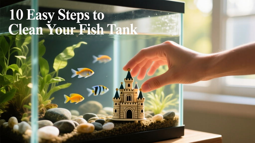 Hands gently removing a decorative castle ornament from a fish tank while avoiding substrate disturbance