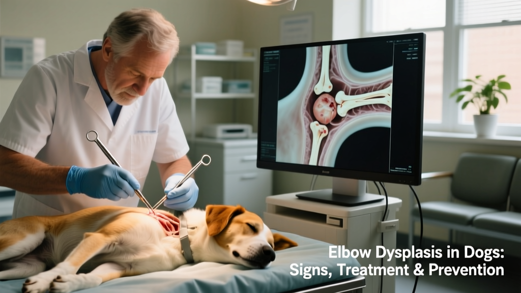 Veterinarian performing arthroscopic surgery on a dog's elbow joint, with monitor showing internal view