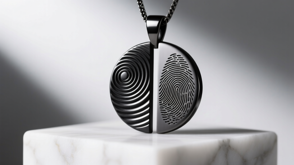 Macro comparison of deep rotary engraved text versus dark annealed fiber laser fingerprint on a matte black tungsten pendant