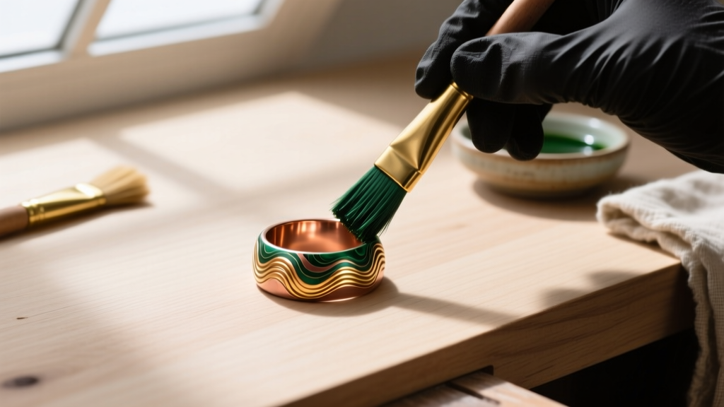 Overhead view of an artisan brushing rokusho patina solution onto a copper and gold Mokume-gane ring resting on a wood workbench