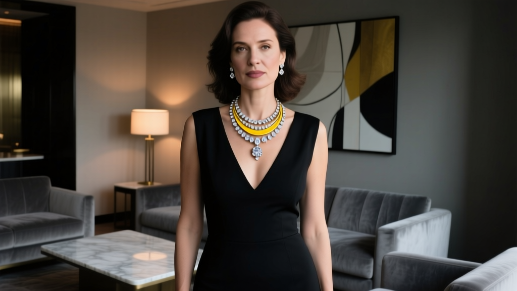 Woman in a V-neck little black dress wearing a layered 18k yellow gold and platinum diamond pendant necklace in a dimly lit lounge