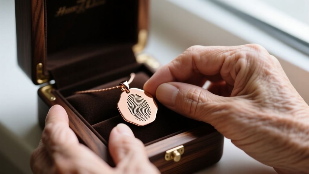 Elderly hands holding a rose gold pendant with a laser-etched fingerprint, resting inside a dark walnut wooden jewelry box