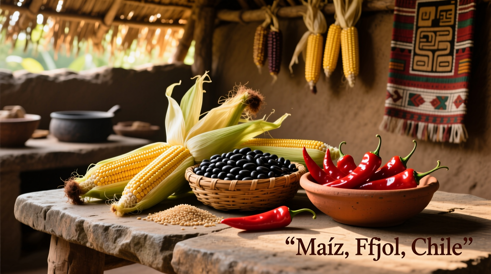 Traditional Mesoamerican foods including corn, beans, and chili peppers