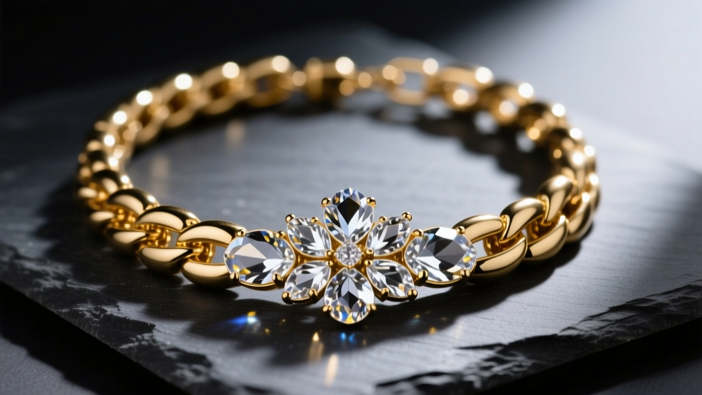 Macro photo of a chunky gold-plated brass statement necklace with faceted glass crystals, resting on dark slate in studio lighting