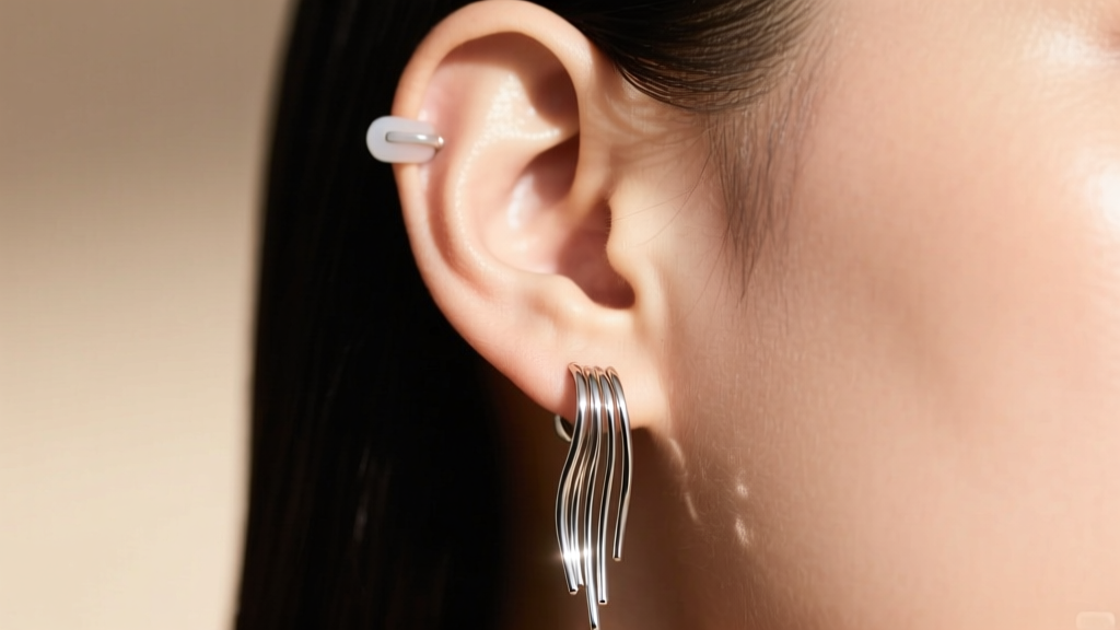 Close-up of an ear wearing lightweight titanium waterfall earrings, showing a secure silicone back supporting the lobe from behind.