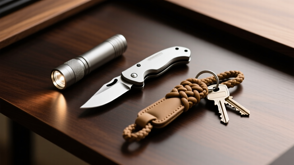 Flat lay of minimalist everyday carry on dark oak desk featuring silver pocket knife, compact flashlight, and braided key organizer