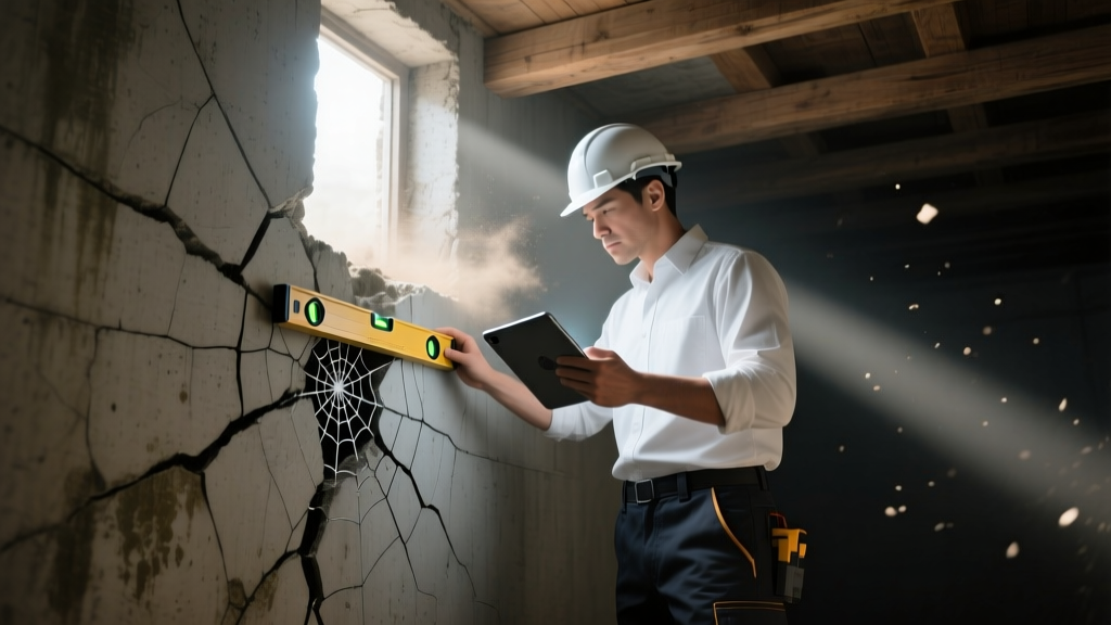 Structural engineer inspecting a cracked concrete foundation wall with a laser level and digital tablet in a dimly lit crawl space