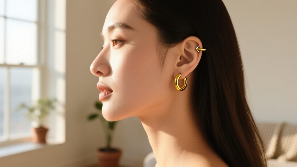 Side profile of a woman with a healed cartilage piercing wearing a seamless 14k yellow gold clicker hoop under warm natural light.