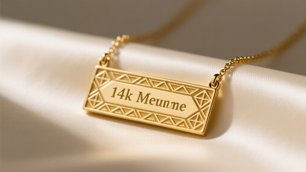 Close-up of 14k gold custom nameplate necklace on cream silk, jeweler's loupe blurred in background, soft warm studio lighting.