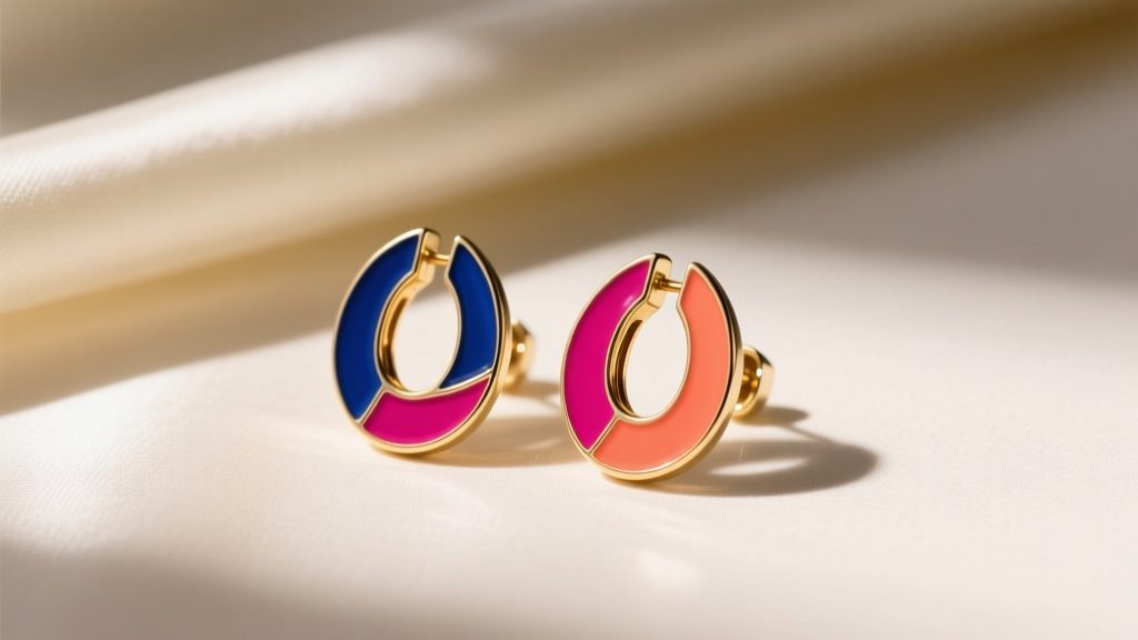 Vibrant Roxanne Assoulin enamel clip-on earrings resting on cream silk, soft natural light highlighting the gold vermeil edges.