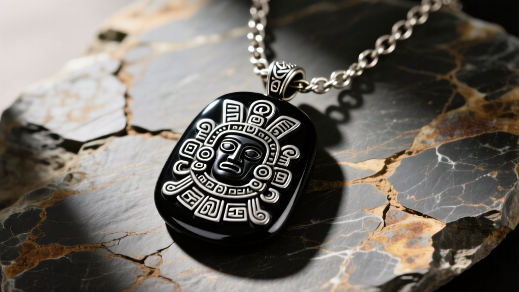 Dark volcanic obsidian Mayan deity pendant on a tarnished sterling silver chain, resting on a rough textured slate background.