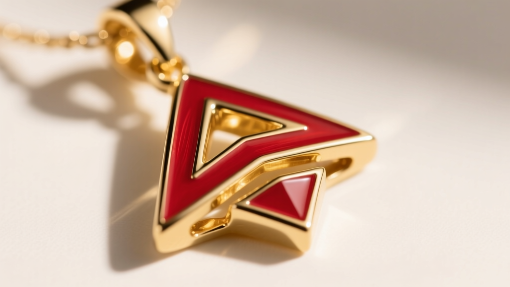 Extreme macro close-up of a 14k gold-filled Delta symbol pendant featuring vibrant crimson hard enamel and a high-polish finish.