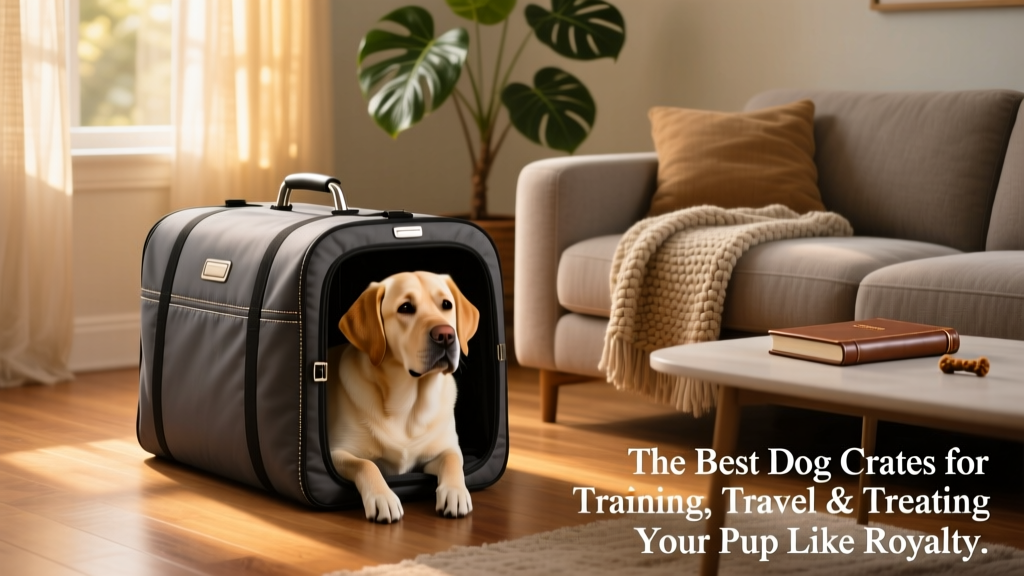 A calm Labrador resting inside a dark gray soft-sided crate placed beside a cozy living room sofa