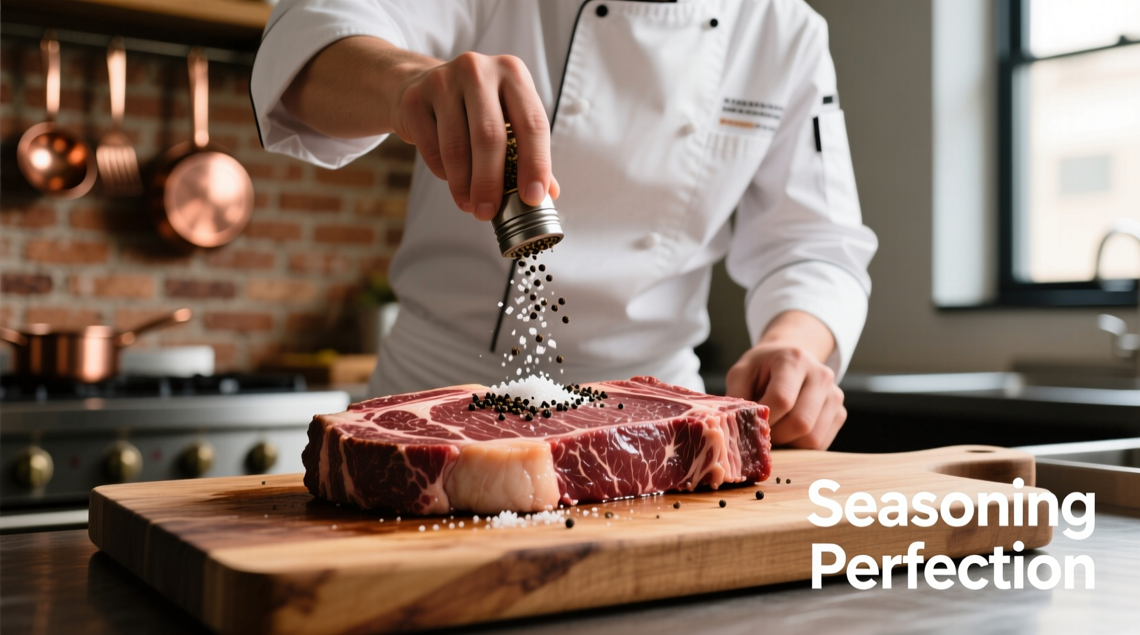 Chef seasoning ribeye steak with coarse salt and pepper