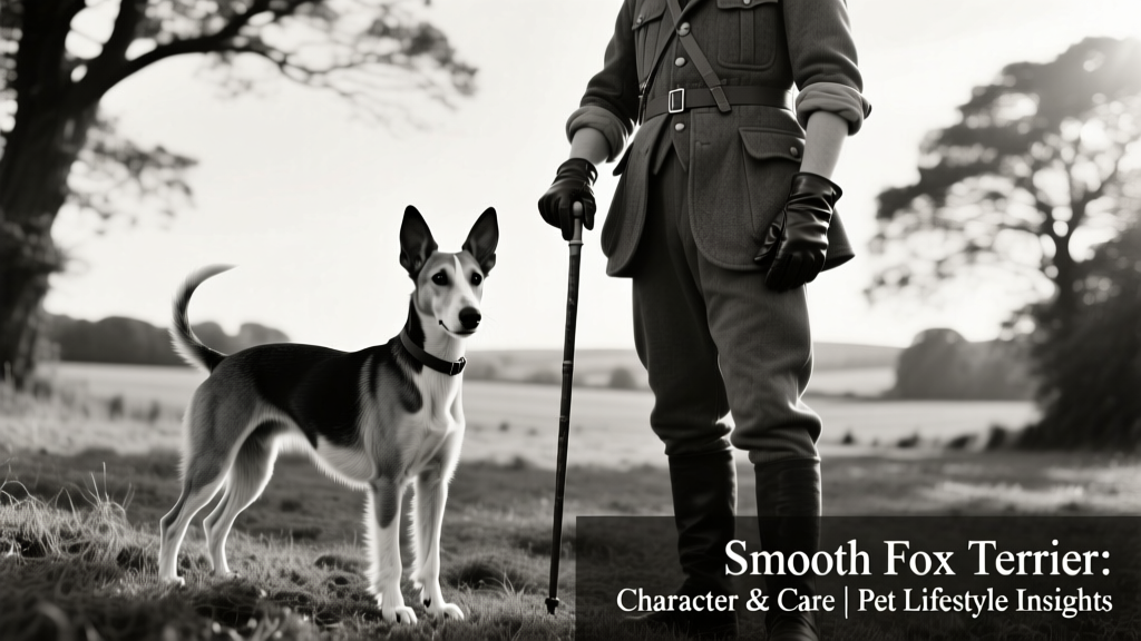Historic black-and-white photo of a smooth fox terrier standing proudly beside a hunter in early 20th-century English countryside
