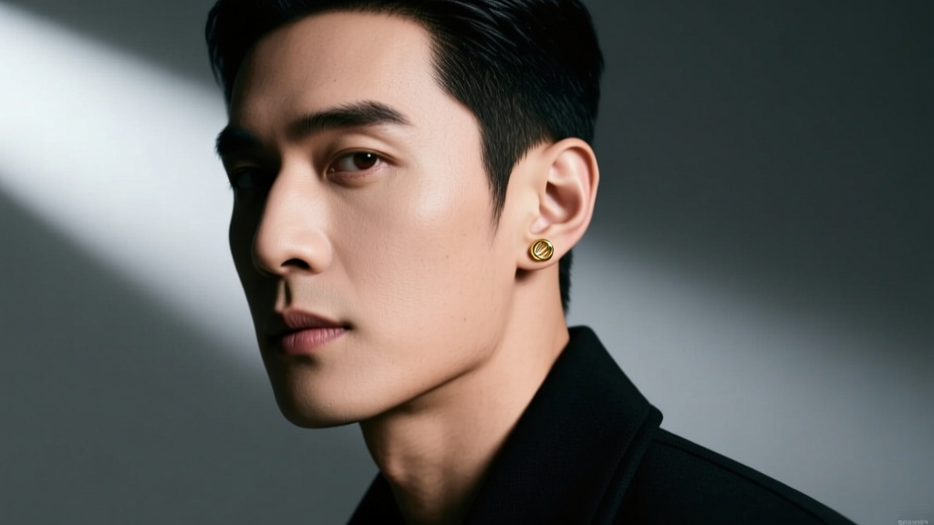Profile of a stylish man wearing a minimalist 14k gold threadless stud in his left earlobe under moody studio lighting