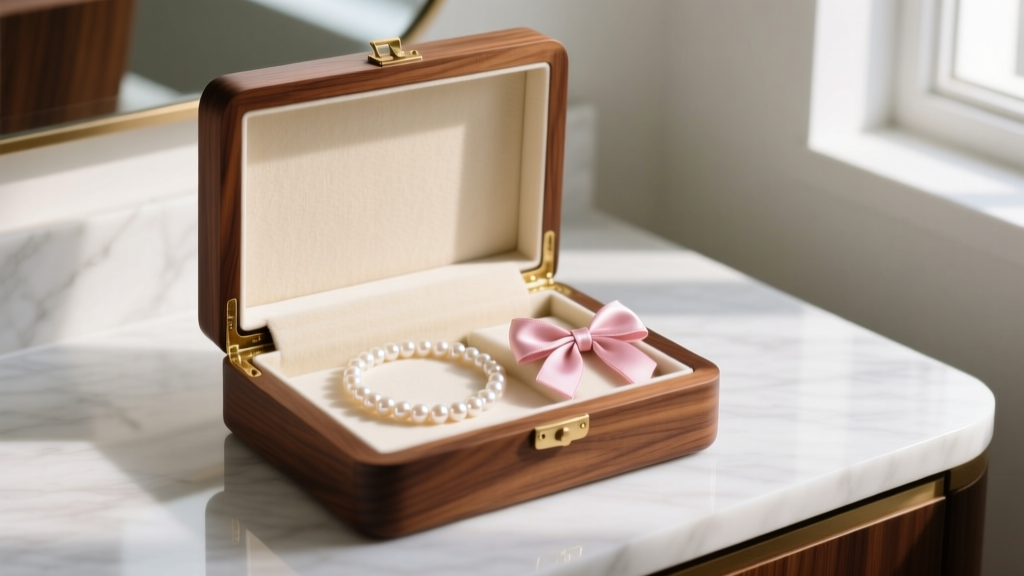 Open walnut jewelry box with cream velvet interior on a marble vanity, displaying a pearl necklace and a small silk gift bow.