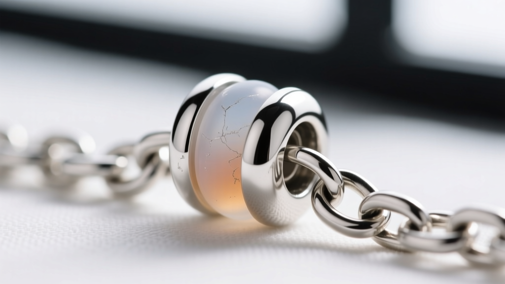 Extreme macro photography of a sterling silver slip chain slider bead revealing the translucent silicone friction insert inside