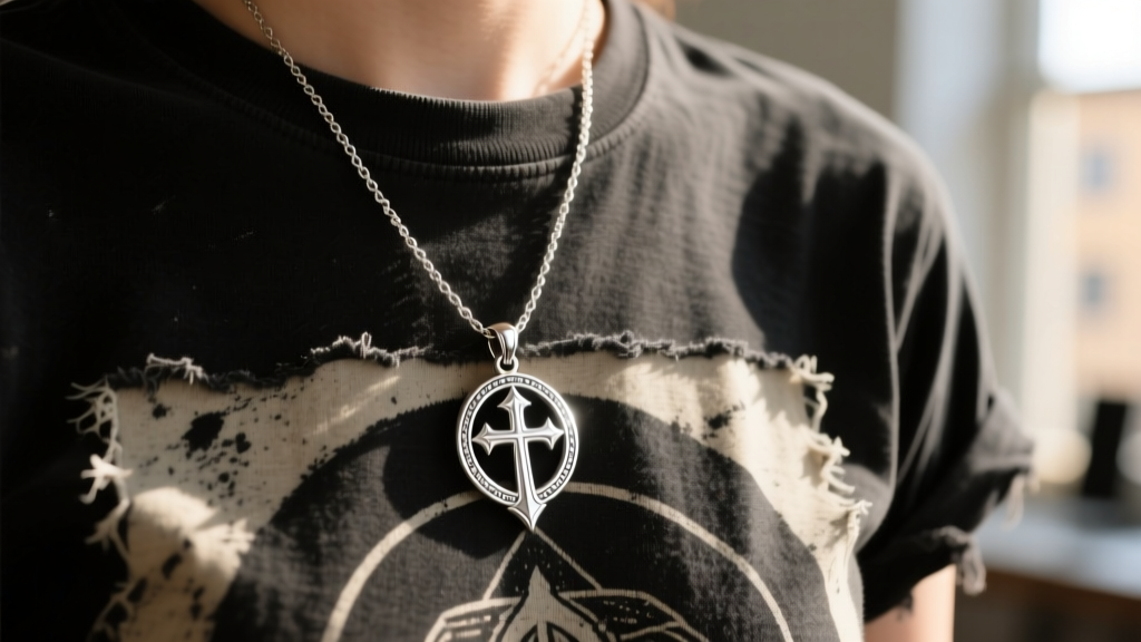 Close-up of a minimalist 925 silver Saradomin Holy Symbol necklace layered over a faded black graphic tee in natural sunlight