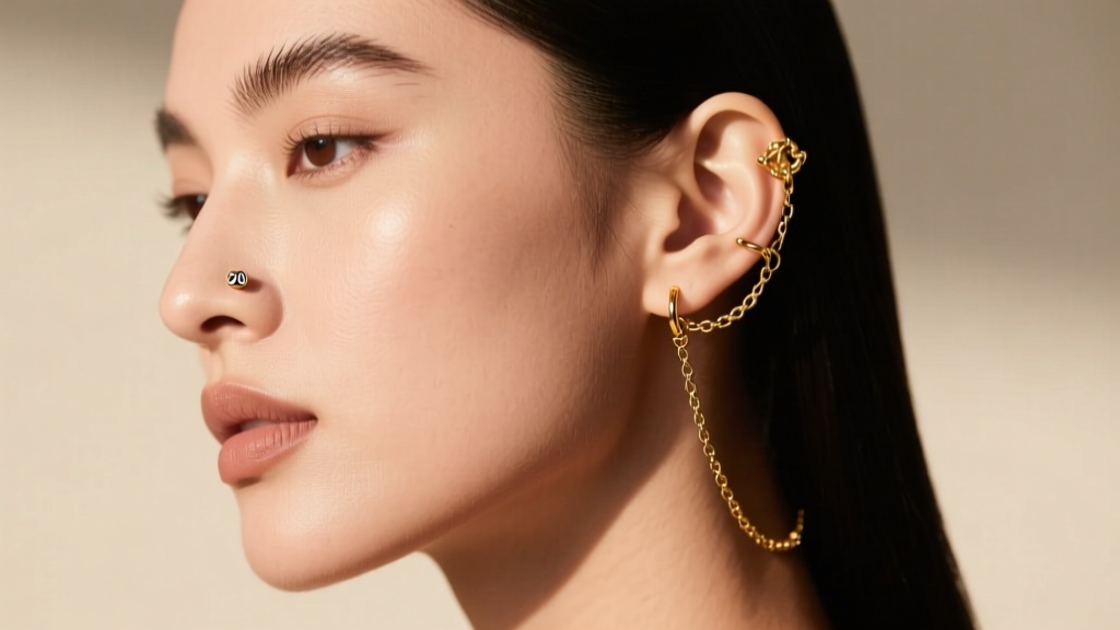 Profile portrait of a model wearing a delicate gold ear-nose chain connecting a small tragus hoop to a 20-gauge nostril stud