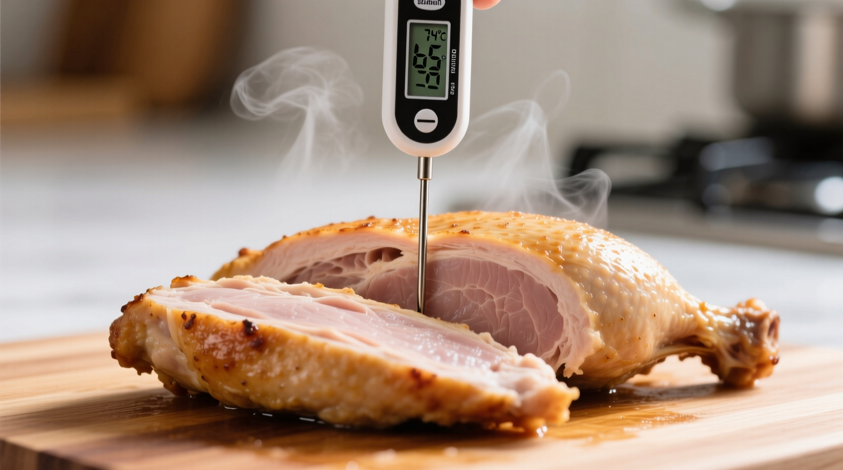 Proper meat thermometer placement in chicken breast