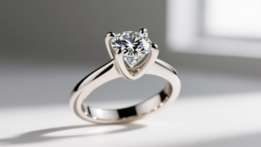 Close-up of a four-prong martini setting holding a diamond, showing sharp prong tips and a polished 14k white gold basket.