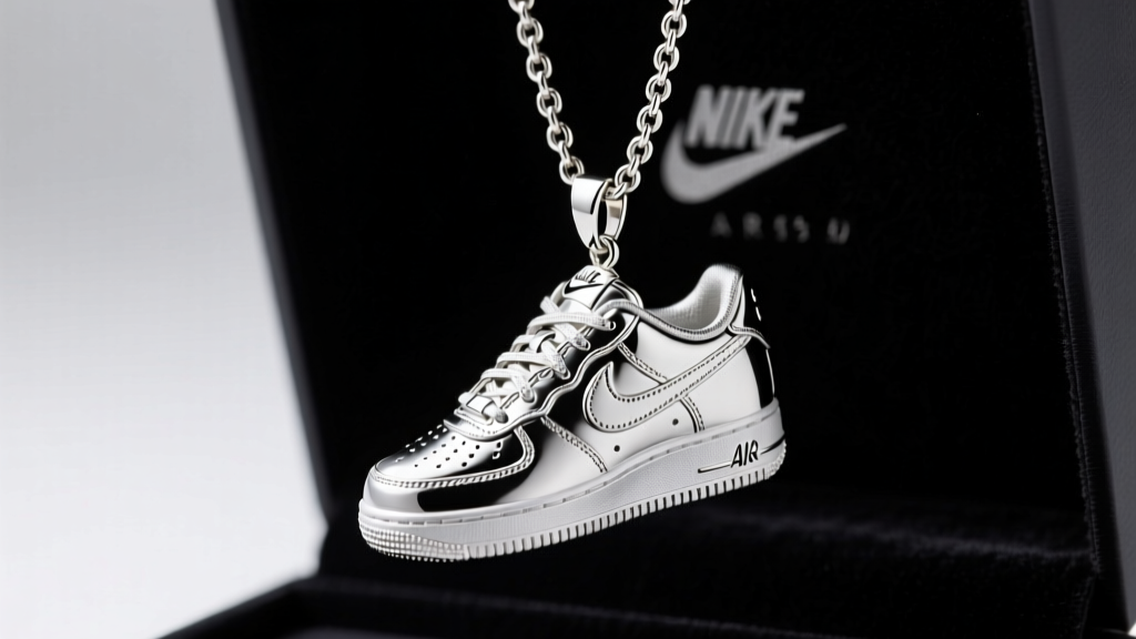 Studio shot of a 925 sterling silver Air Force 1 sneaker pendant on dark velvet, showing lace details and a 5mm Cuban link chain.