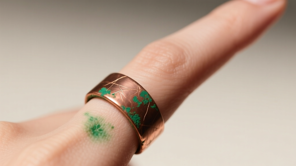 Close-up of a finger wearing a raw copper ring, with a small smudge of green oxidation visible on the skin beneath the metal band