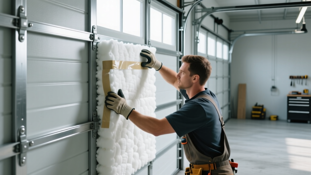 Installer fitting rigid foam garage door insulation material into recessed steel door panels using heavy-duty double-sided adhesive tape