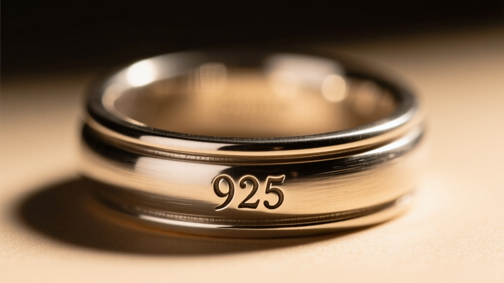 Macro shot of a crisp 925 sterling silver hallmark stamped inside a thick vintage ring band, lit by warm studio lighting.