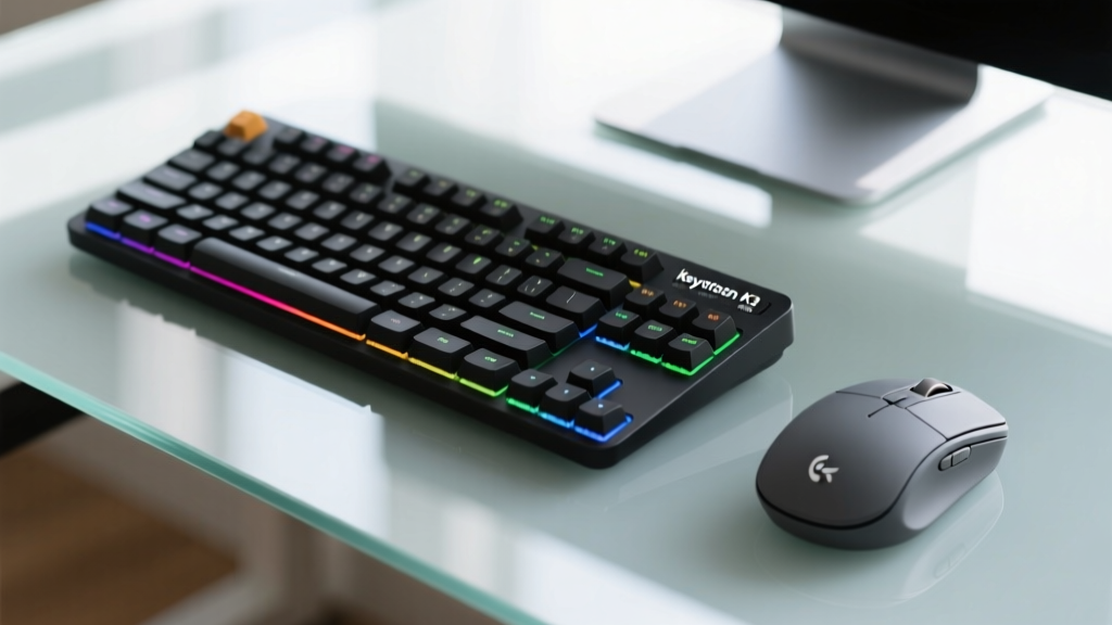 Close-up of Keychron K3 Pro slim mechanical keyboard and Logitech MX Anywhere 3S mouse resting on a bare glass desk surface