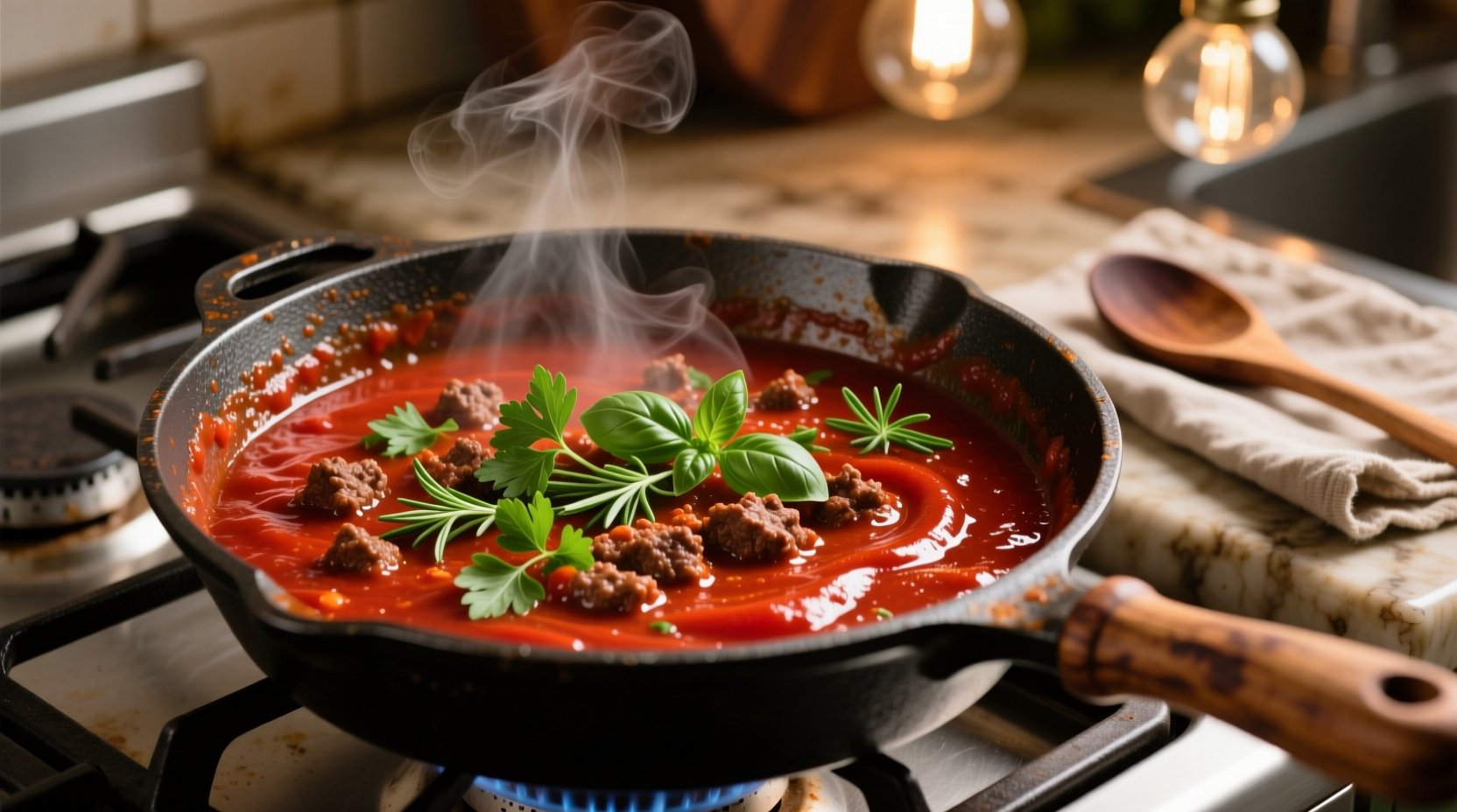 Simmering pot of rich meat tomato sauce with fresh herbs