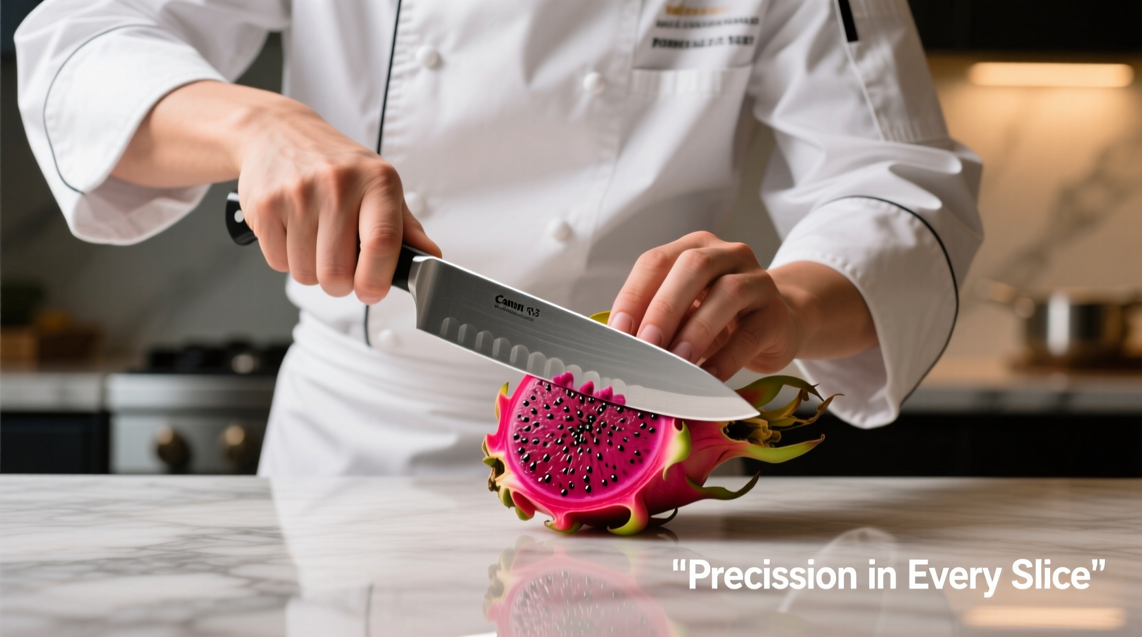 Chef cutting dragon fruit with professional technique