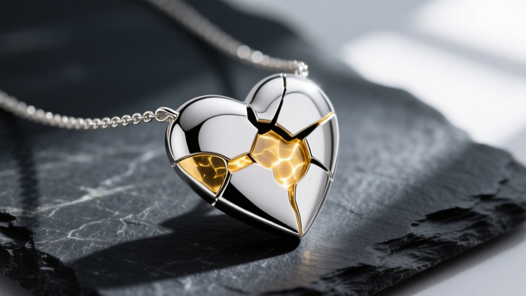 Close-up of a sterling silver kintsugi-style broken heart necklace with 14k gold resin filling the cracks, resting on dark slate