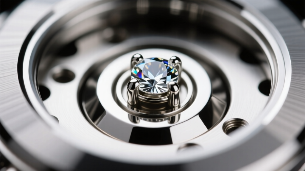 Macro photography of a jewelry screw-in bezel mechanism showing 2mm silver threads and a gemstone setting tray, sharp focus.